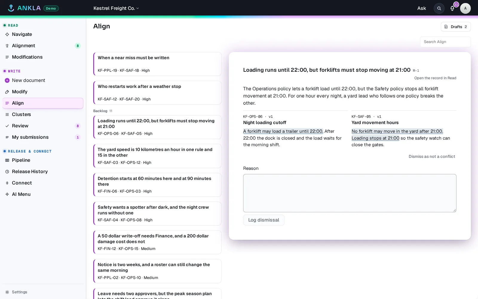 Alignment showing a mismatch and suggested fixes.