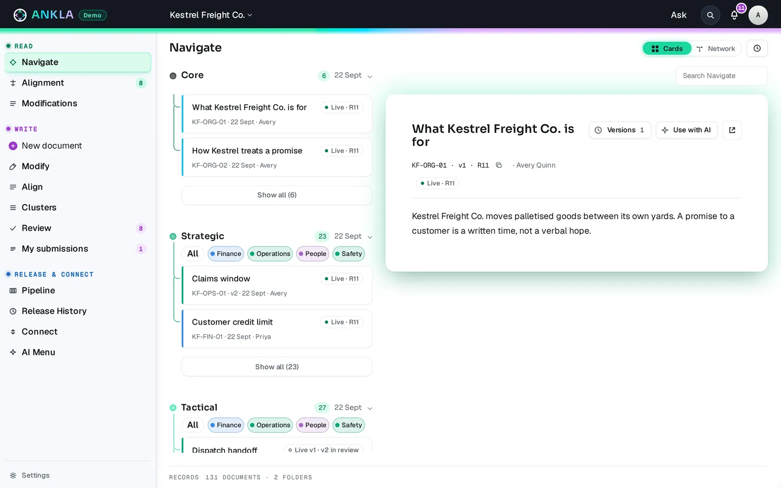 Navigate in the demo. Cards show hierarchy, vertical, and type.